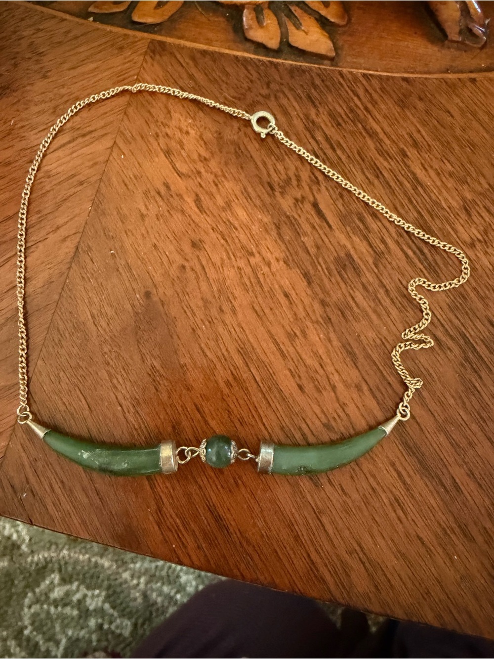 Vintage Double-Horn Nephrite Jade Gold Tone Necklace
